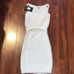 Faux fur body con cut out dress